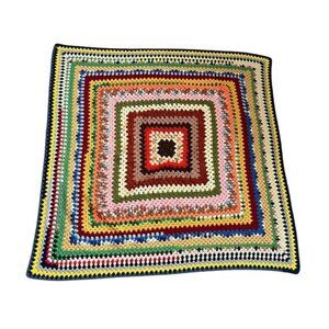 Vintage Handmade Multi-Color Granny Square Crochet Throw Blanket 5’x5’